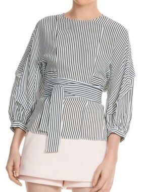 NWT Maje "Loxy" Reyure Black White Stripe Tie Waist Ruffle Sleeve Blouse